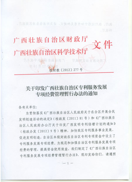 关于印发广西壮族自治区专利服务发展专项经费管理暂行办法的通知